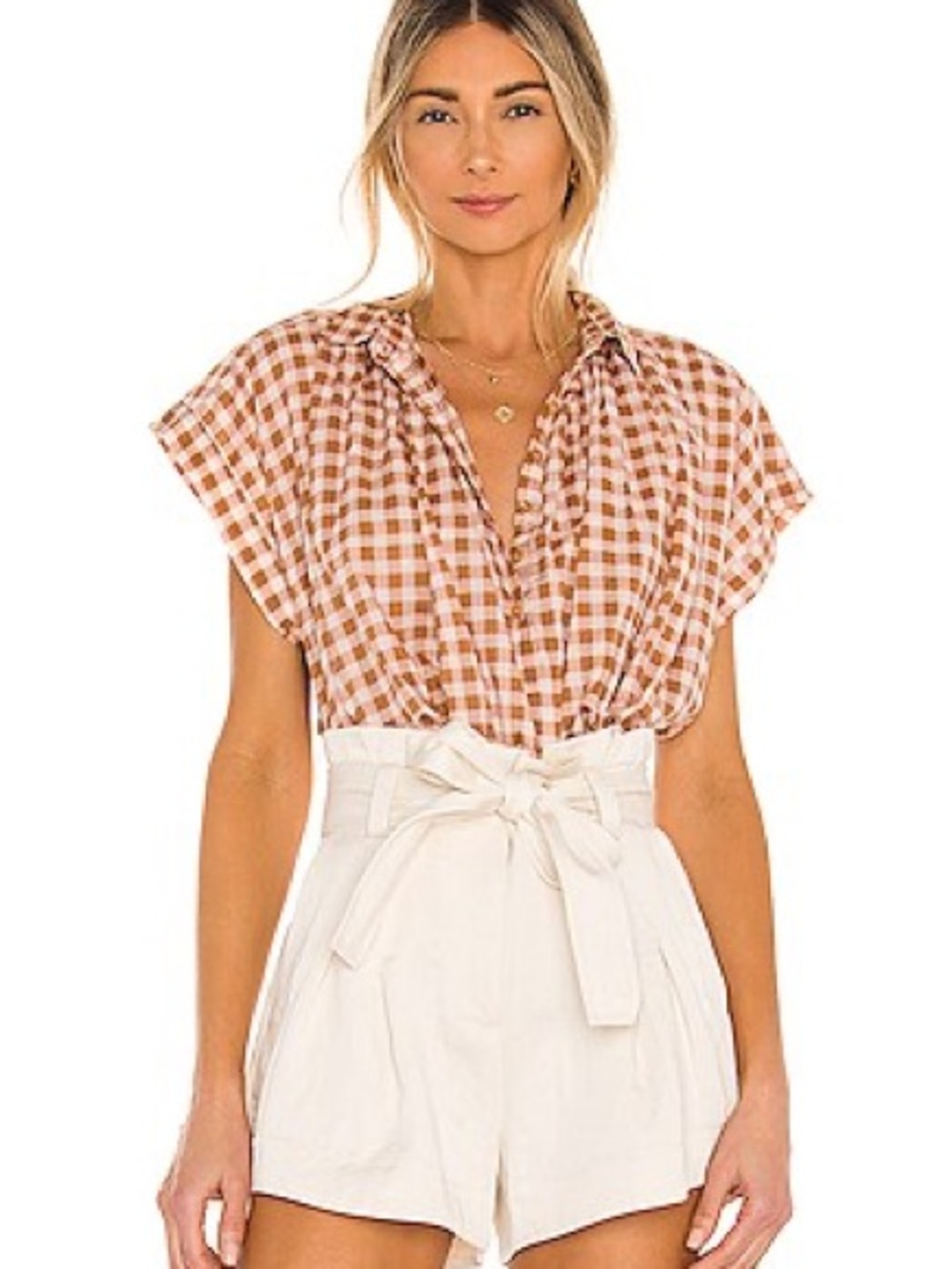 acacia swimwear Brown and White Gingham Max Cotton Button Up Top in Sunday